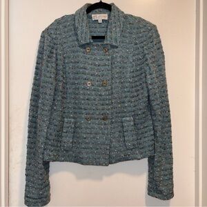 ST. JOHN COLLECTION Blue Tweed Boucle Collar Double Breasted Jacket size 14 Y2K
